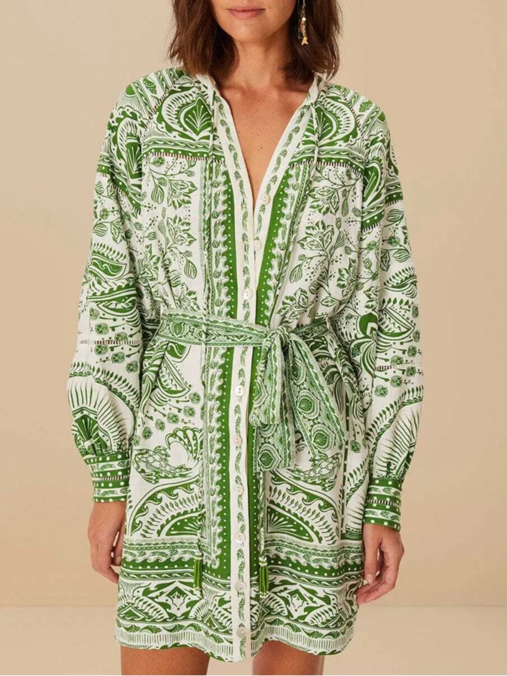 FARM Rio White and Green Paisley Belted Shirt Dress